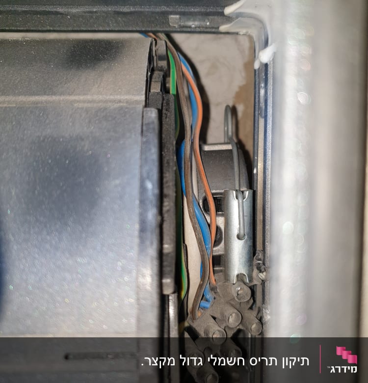 חוטי חשמל צבעוניים ליד מנגנון תריס מתכתי